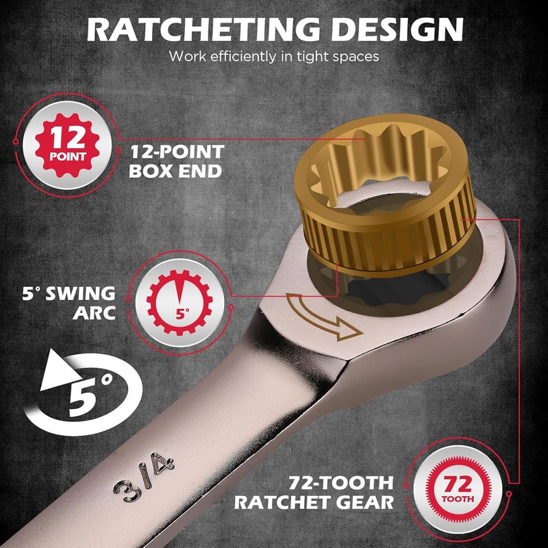 SEDY Premium 12-Piece SAE Ratchet Wrenches Set with Magnetic Organizer 1/4"-7/8", 72-Tooth Ratcheting Wrench Set, Cr-V Steel Ratchet Combination Wrench Set for Automotive, Machine Repair - Image 3